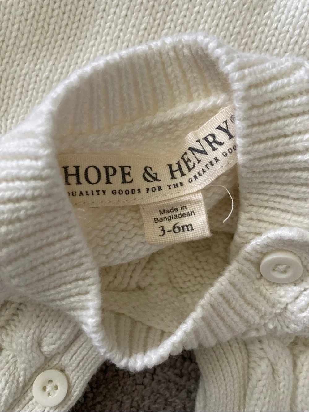 Hope & Henry white cable-knit romper, 3-6M.